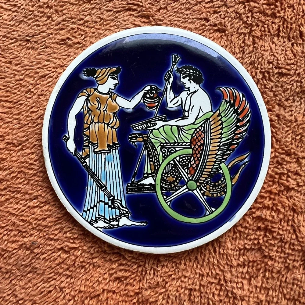 Handmade Greek Ceramic Coaster Plaque Mythology Figures Art Smaltotechniki TR5